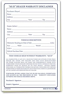 "As is" Dealer Warranty Disclaimer Forms - 5-1/2" × 8-1/2", 2-Part Carbonless - White/Canary, Edge-Glued Forms - Dealership Liability Protection and Customer Acceptance Proof - Pack of 100