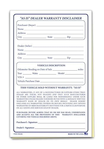 As is Dealer Warranty Disclaimer Forms, 2-Part, 5.5 x 8.5 inch, 100 Pack