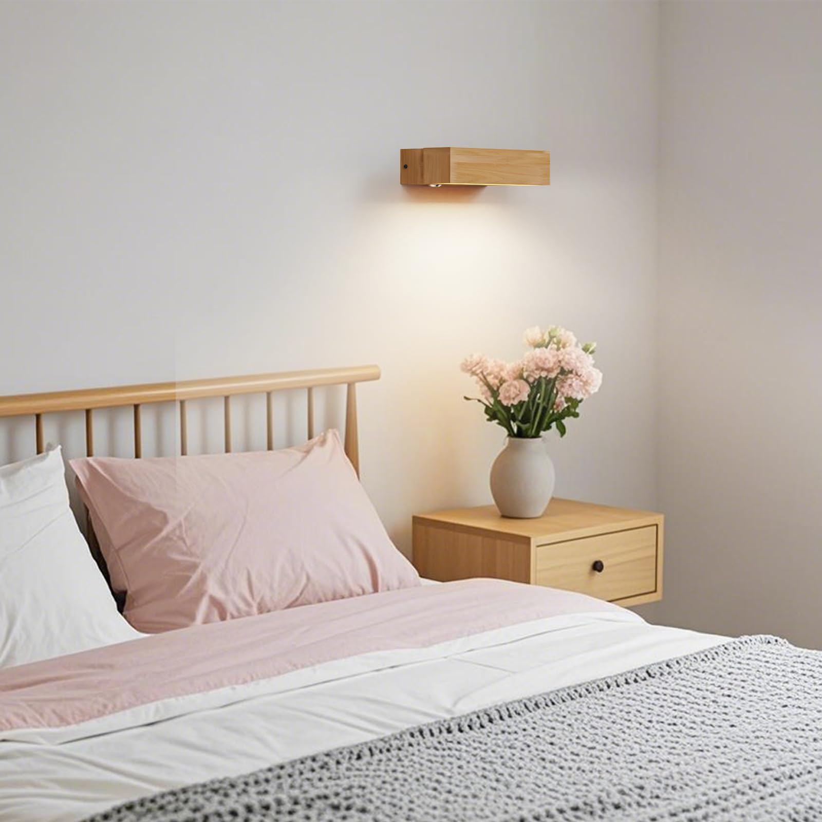 Applique da Parete Interno in Legno 8W, Touch Dimmerabile, Luce Calda 3000K | Lampada da Comodino a Muro, Ruotabile 270°, Paralume in Acrilico per Camera da Letto, Soggiorno, Angolo Lettura, 21.5 * 4.5cm
