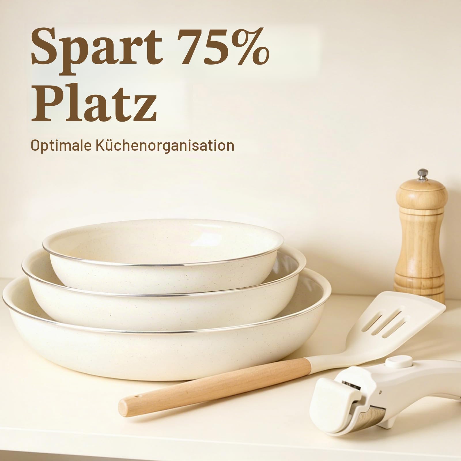 Pfannenset Mit Abnehmbarem Griff, Induktionsgeeignete Keramikpfanne, Ohne PTFE Und PFOA, 7-Teiliges Pfannen Set 20/24/28 cm, Beige