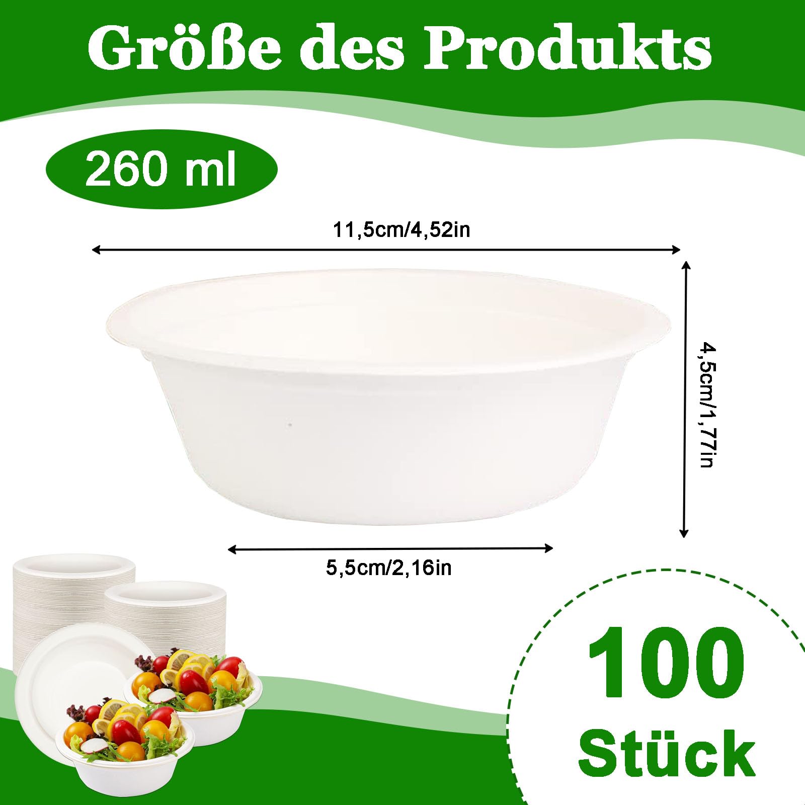 Suppenschalen Einweg, 100 Stück 260 ml Runde Papierschale, Suppenteller Pappschalen, Zuckerrohr Bagasse Einwegschalen, für Party, Haushalt, Picknick, Grillen, Weiß