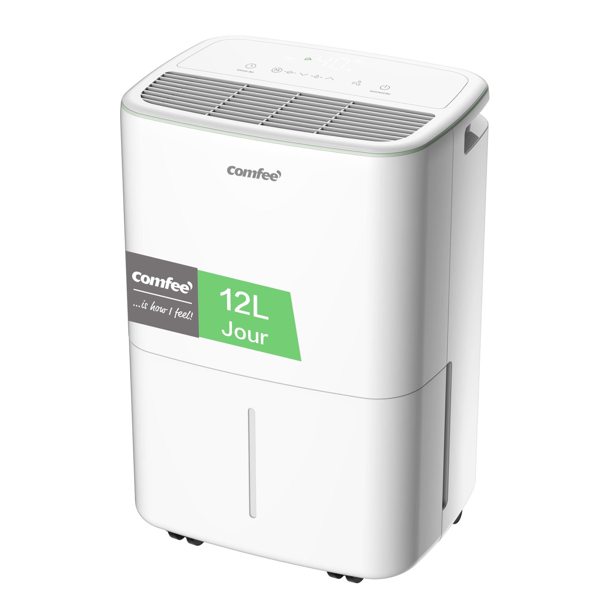 COMFEE' Déshumidificateur Compact, Absorbe jusqu'à 12L/jour, Mode silencieux, sécurité enfant, Minuterie 24H, Réservoir 2,5L, pour pièce de 20-35㎡, Aqua Dry 12