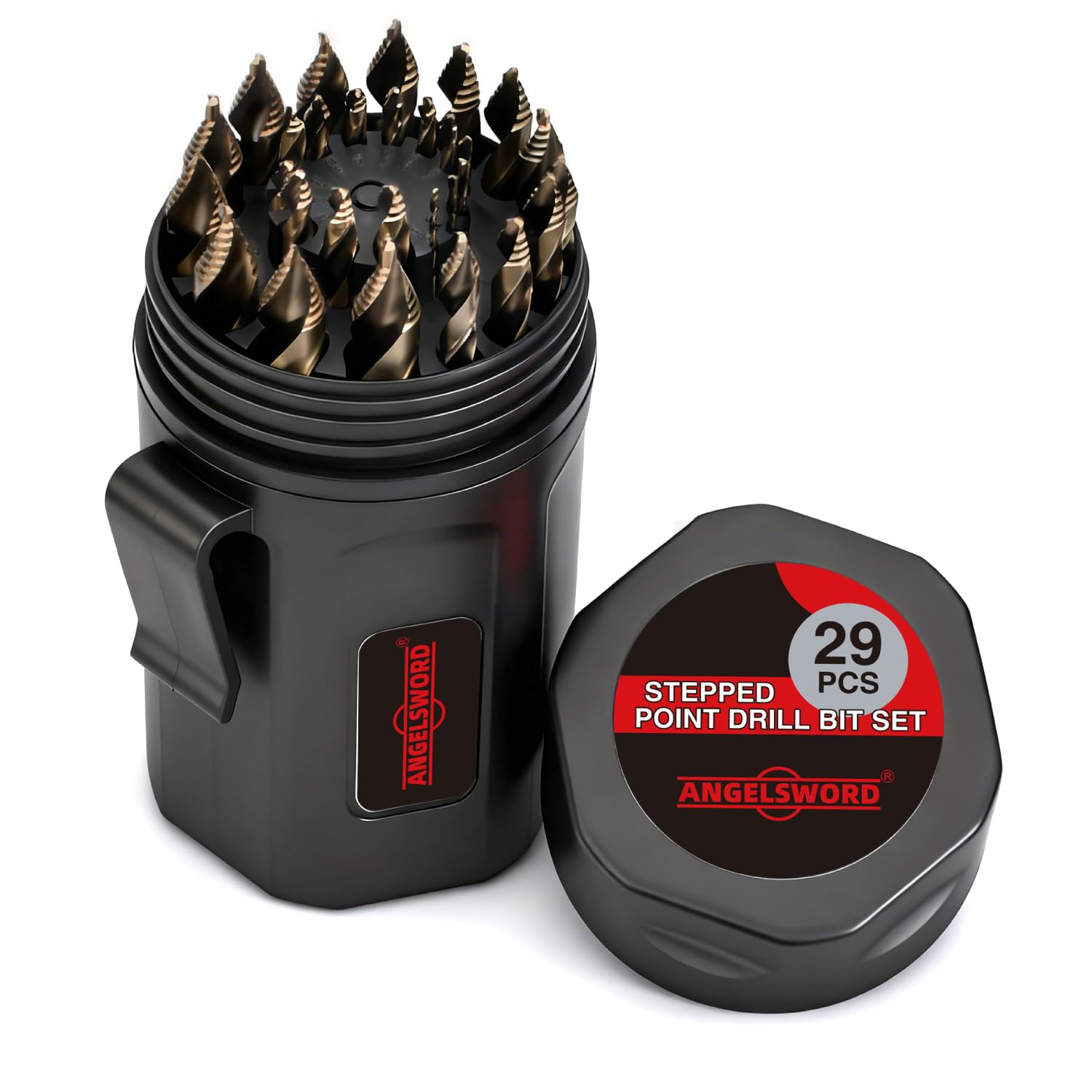 Photo 1 of ANGELSWORD M35 Cobalt Stepped Point Tip Drill Bit,29 PCS(1/16"-1/2"), Titanium Coated Drill bit, for Steel, Cast Iron, Aluminum, Brass, Acrylics