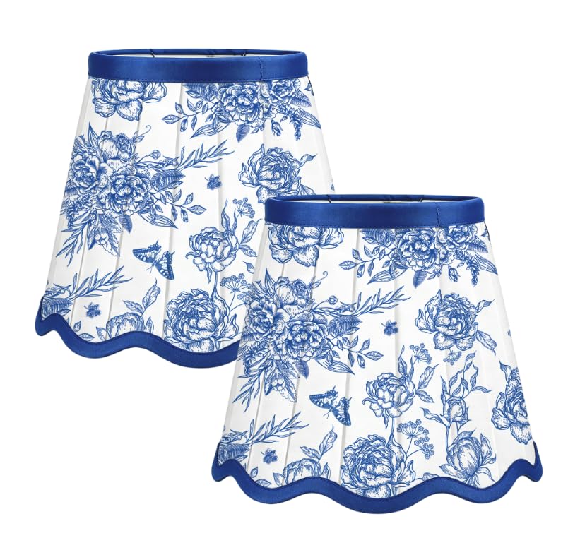 FYSUIMU 2Pcs Small Pleated Lamp Shades Blue White Floral Scalloped Lampshades Vintage Chinoiserie Toile Flower Mini Taper Chandelier Shades Table Lamp Cover for Home Decor