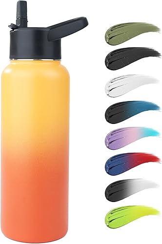 Botella de agua de acero inoxidable con popote y tapa de boca ancha, mango giratorio ancho, botella de agua aislada al vacío de doble pared de 40