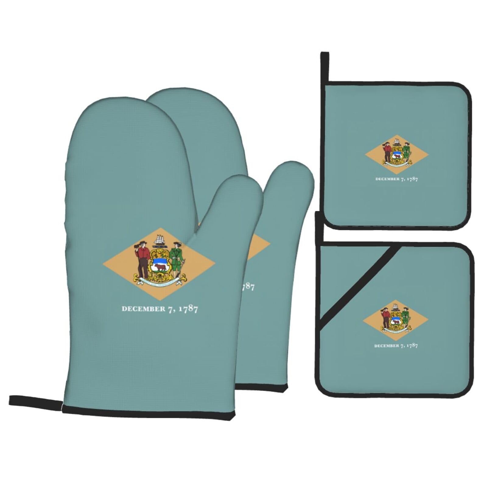 Flag of Delaware Print 4-Piece Heat-Resistant Oven Waterproof Kitchen Gloves Cooking Roasting Essential