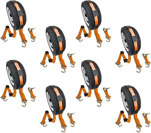 Mytee Products Paquete de 8 correas de rueda de neumáticos de 2 x 9 pies con ganchos giratorios en J y bloques de goma para transportadores de