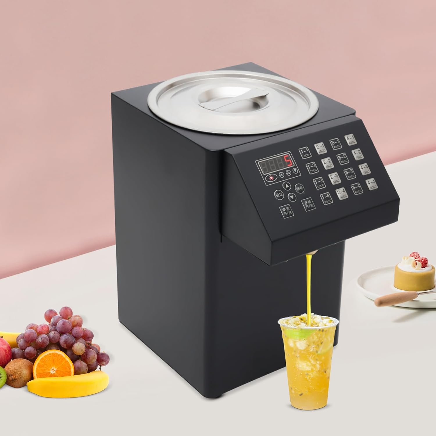 Automatic Fructose Dispenser for Commercial Use, 8L Stainless Steel Quantitative Syrup Machine with 16 Memory Buttons, Anti-Drip Design for Bubble Tea Shops, Coffee Houses, and Restaurants (Black)