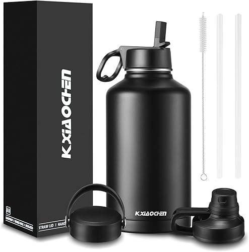 Miniatura 25 de KXIAOCHEN Botella de agua aislada, botella de agua de acero inoxidable, 2 tapas (con pajilla y tapa con asa), botellas de agua metálicas de boca