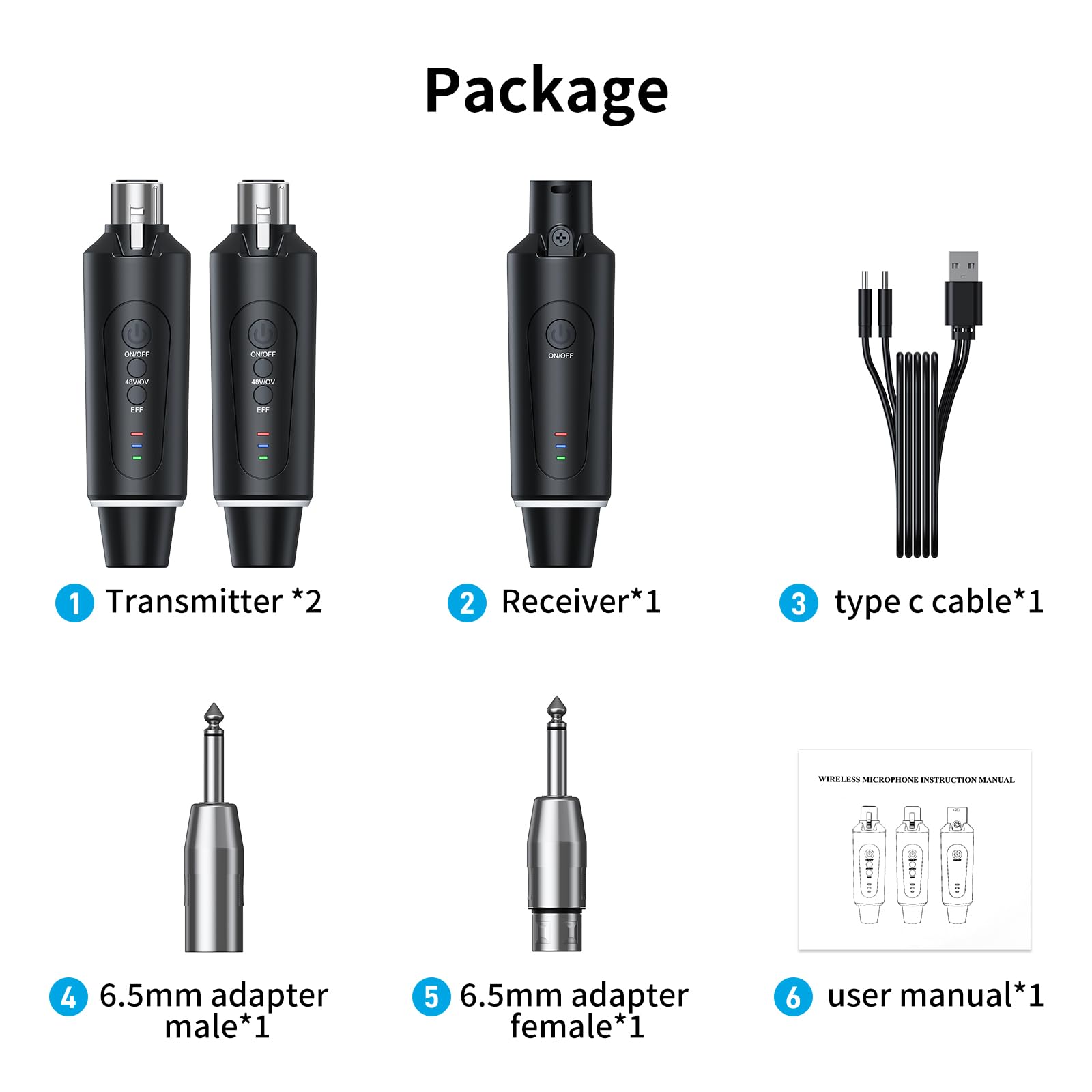 Microphone sans fil XLR 2,4 GHz émetteur récepteur 1 à 2 pour chant discours public 50-100 m