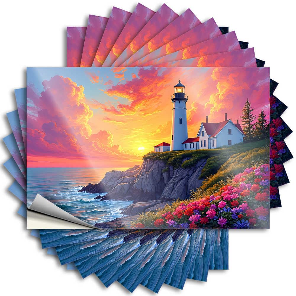 Sticker Garage Unique Sunset At The Lighthouse with Flowers for Gamer - Farmhouse Outdoor Decor Easy Peel Removable(6X9CM)