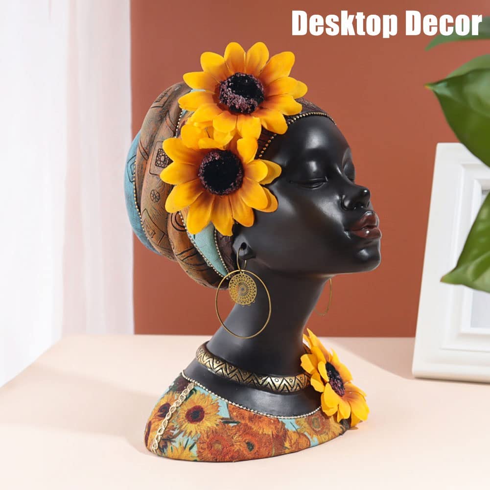 Estatua de busto de arte africano, decoración del hogar, figuras africanas de girasol, escultura de busto afroamericano, adecuada para sala de estar y escritorio