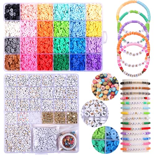 Naler 24 Farben Clay Perlen 6457 Stück Perlen zum Auffädeln 6mm Polymer Clay Beads Set mit Buchstaben Set Schmuckherstellung Kit für Halsketten-Ohrring DIY Handwerk