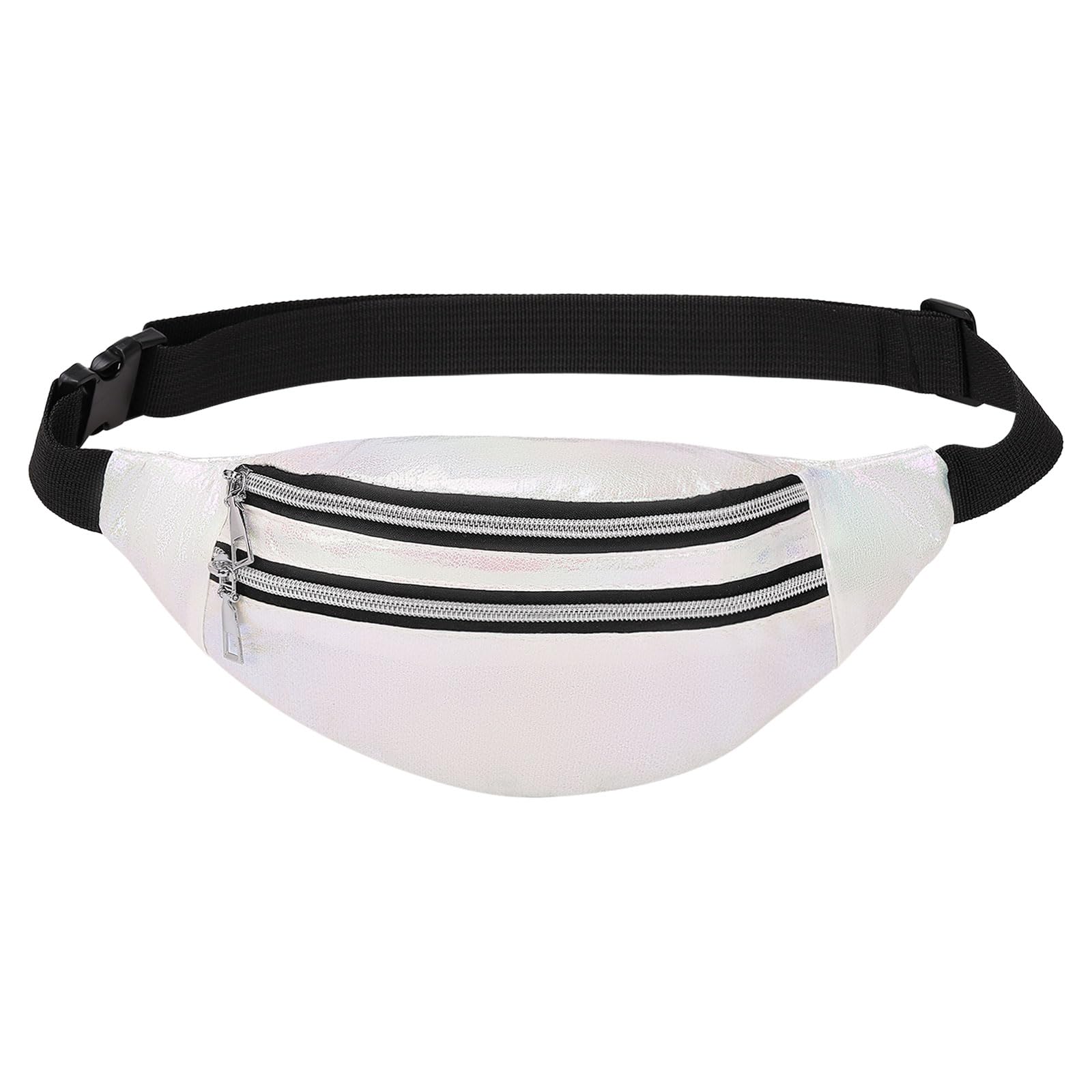 DTGN Holographic Fanny Pack for Women, Cute Waist Belt Bag, Crossbody Bag Water Resistant Fashion Small Bum Bag with Adjustable Belt for Running Hiking Shiny White