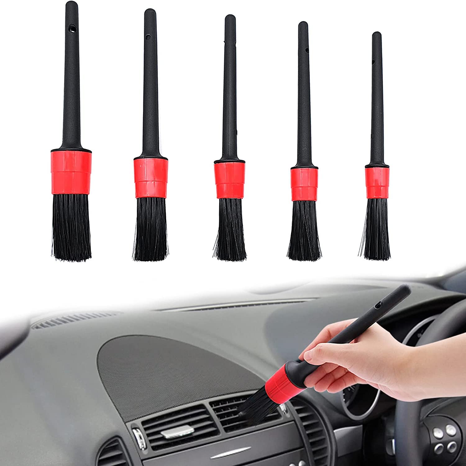 KBZONE Car Detailing Cleaning Brush, 5-Piece Detailing Brush Set, Car Interior Cleaning Supplies Tools, Brushes for Engine Bay Cleaning, Parts, Leather Seats, Auto Small Kit