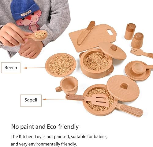 Miniatura 3 de MONT PLEASANT Accesorios de cocina Montessori Juguetes de madera para niños juego de juguetes de cocina para niños platos ollas sartenes juego de