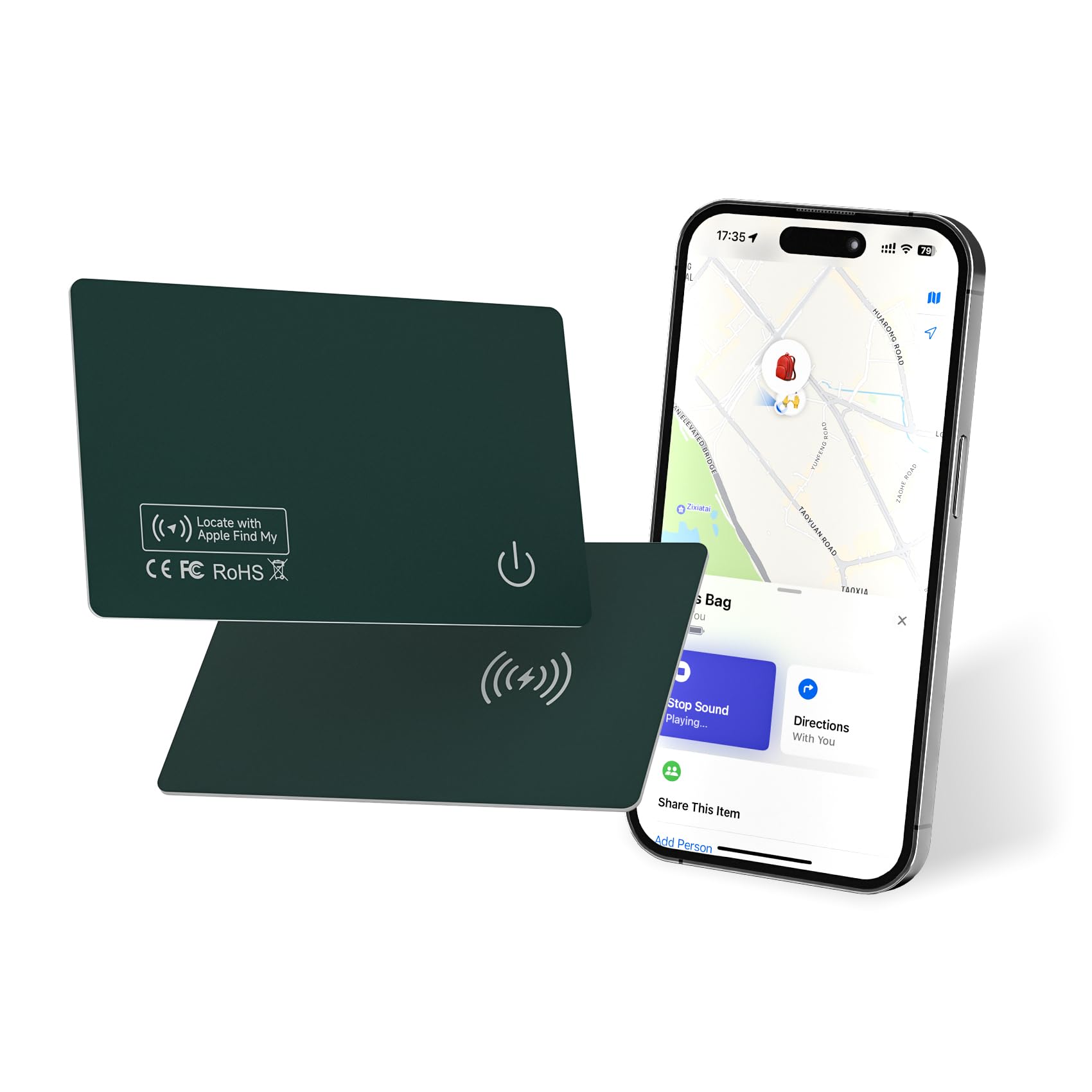 eirix Wallet Tracker Card Deep Green, Rechargeable Thin Finder, Works with Apple Find My (iOS Only), Item Locator for Luggage Tags, Passports, Phone