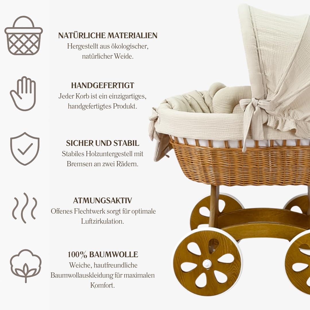 wózek wiklinowy, kosz Mojżesza dla niemowląt ze stelażem Annabell – wózek z rolkami z naturalnej wikliny – w zestawie materac i 5-częściowy komplet pościeli muślinowej – kosz: naturalny