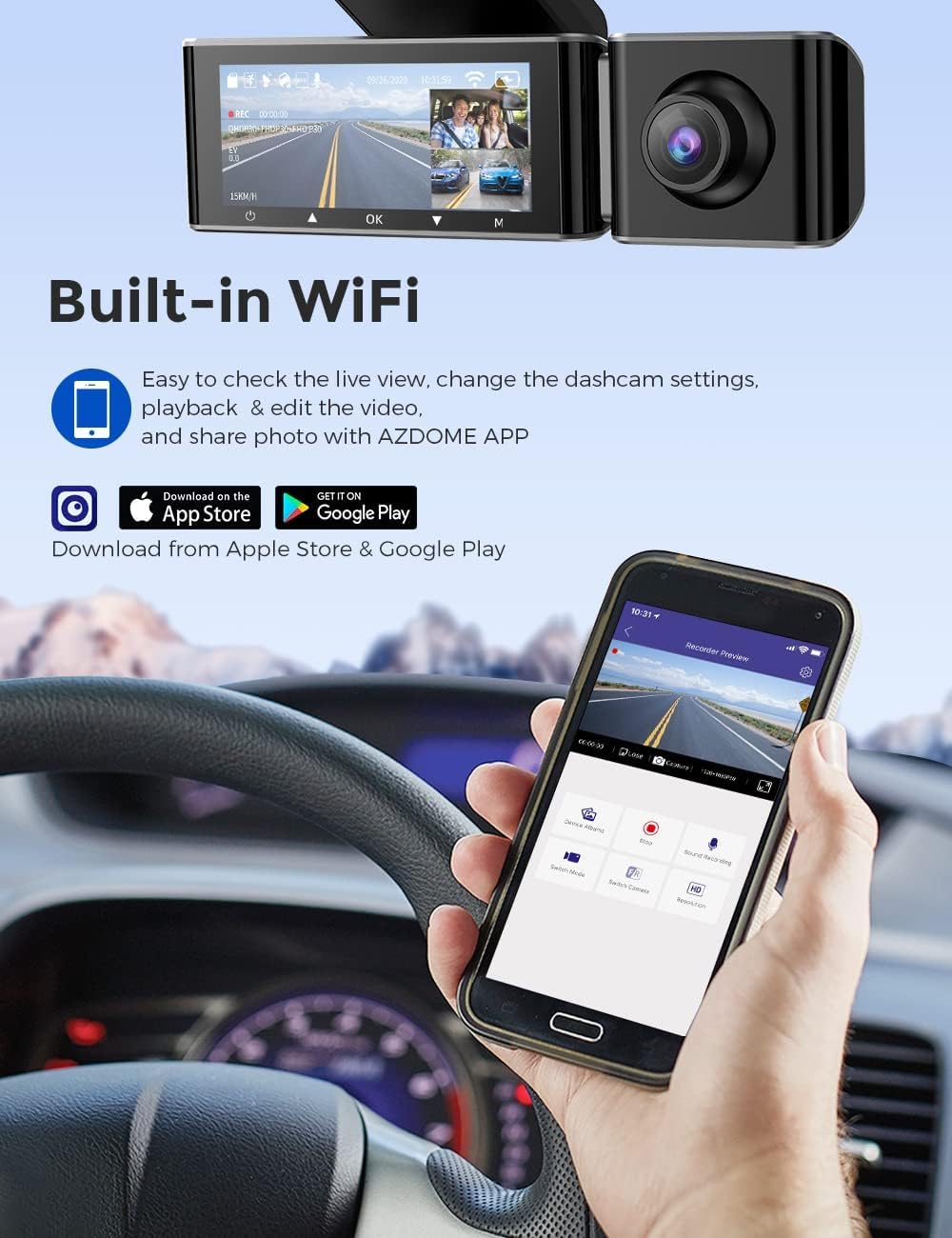 Dash Cam Frente e Dentro, Wi-Fi Embutido, 1080p Câmera de Painel