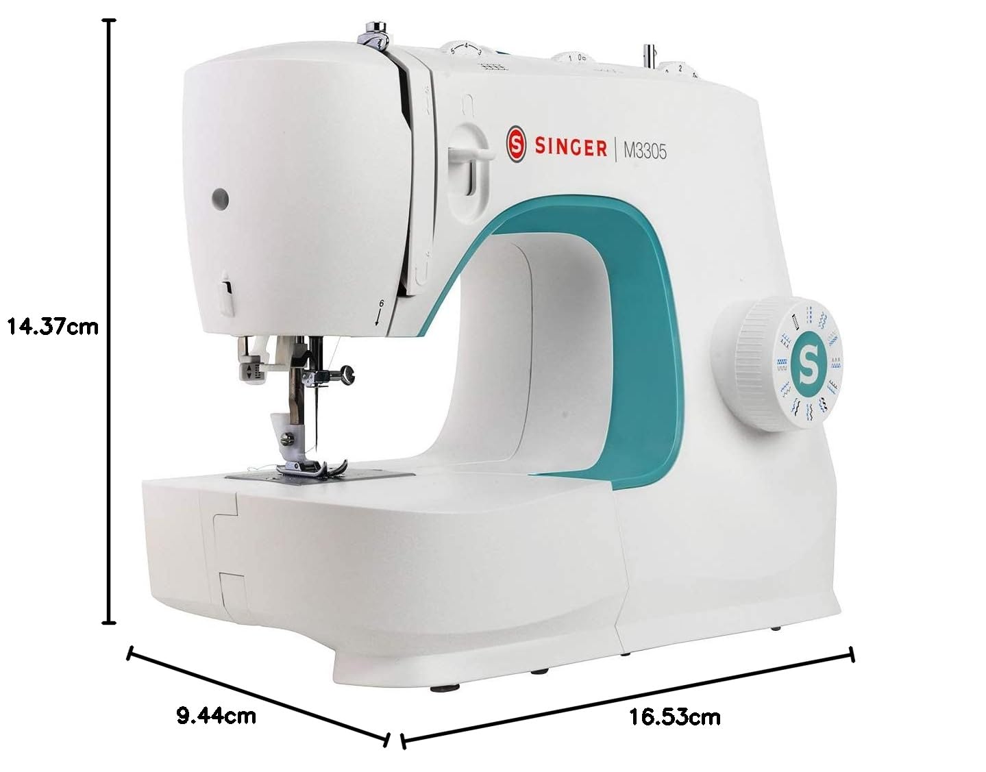SINGER M3305 Electric Sewing Machine with dimensions labeled