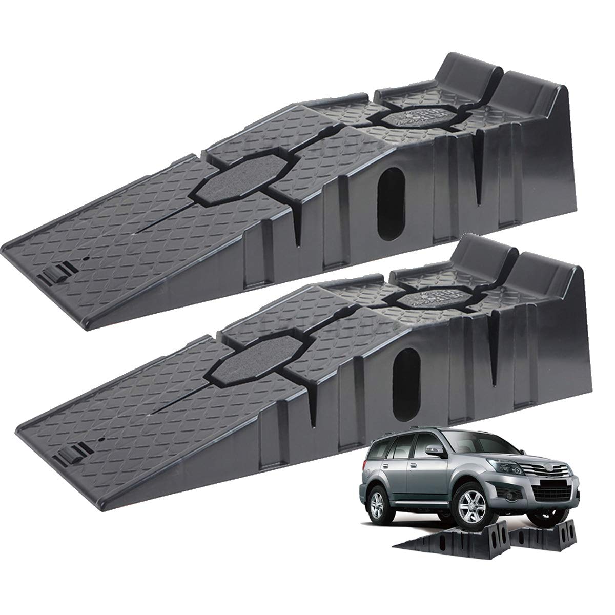 Set 2 Rampas para Coches 2500 KG (2,5T) – Rampas de Plástico Reforzado Muy Resistentes para Turismos y Furgonetas – Superficie Antideslizante, Subida Suave, Apilables – 90×33×22 cm