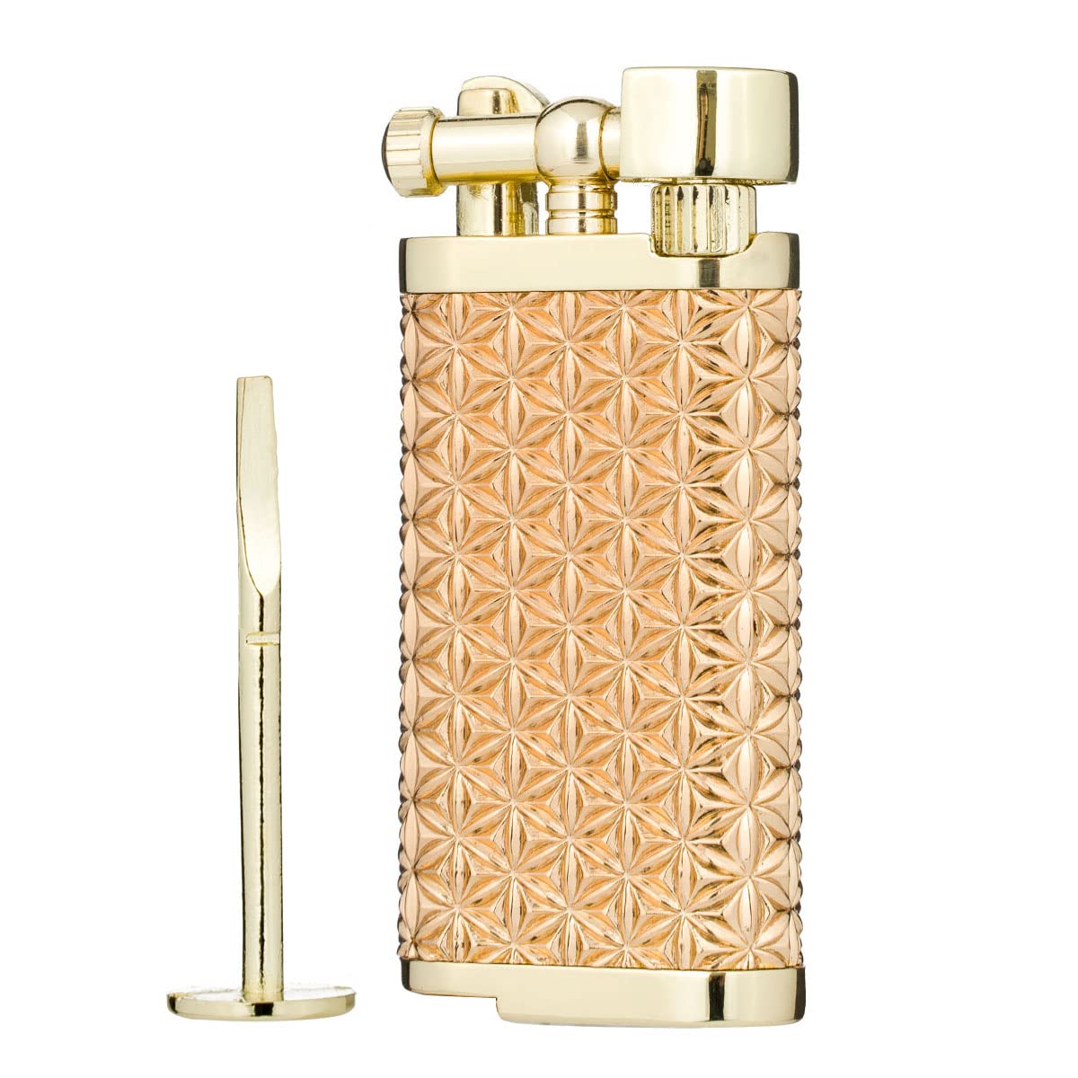 Angled Soft Flame Antique Style Lift Arm Butane Refillable Lighter with Tamper & Pick (Golden Diamond)