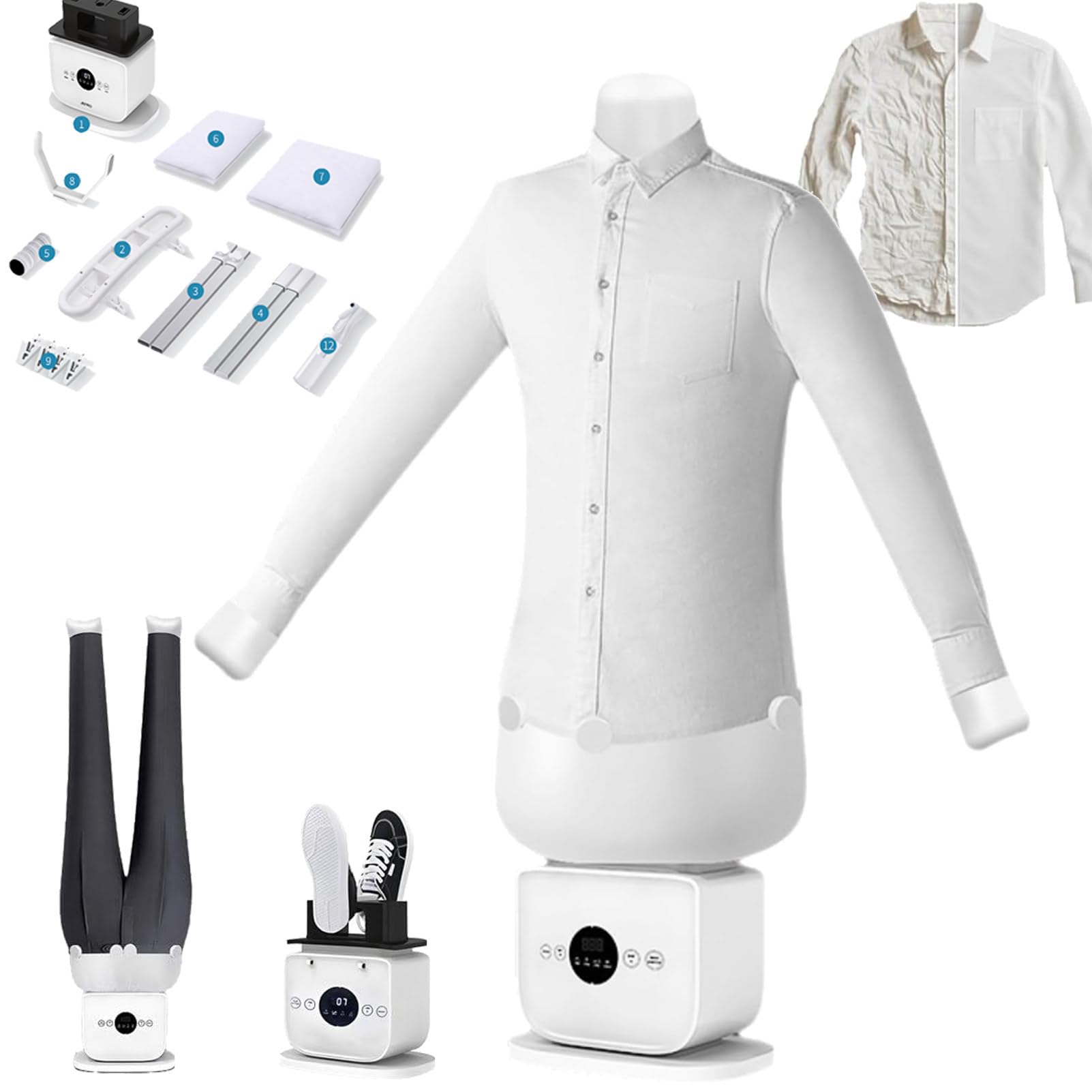Machine à Repasser Gonflable Automatique pour Chemises et vêtements, défroisseur Vapeur Mains Libres avec mannequins pour vêtements/Pantalons/Jupes, séchage et Accessoires Inclus. A