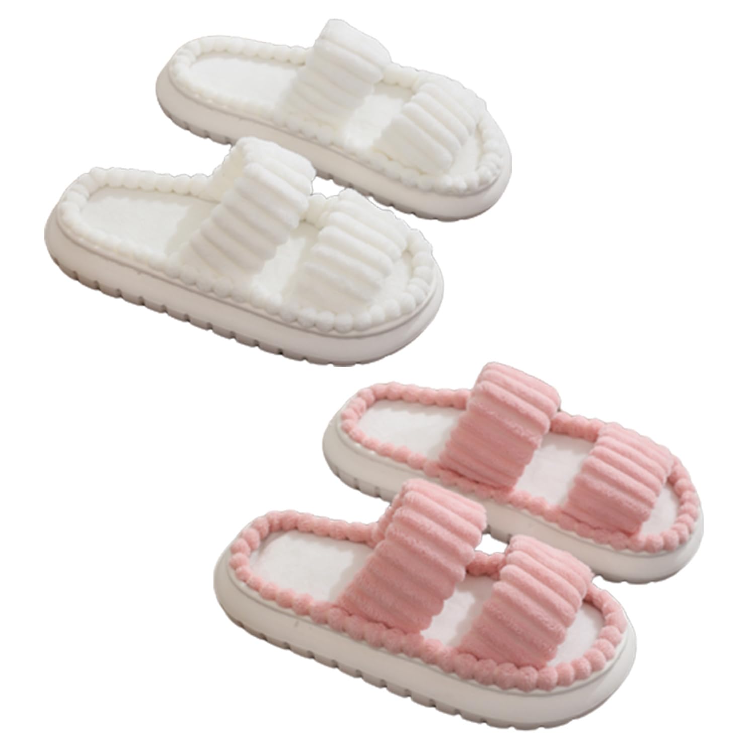 2 Pairs Women's Minimalist Stripe Design Fuzzy Bedroom Slippers,Double Strap Plush Slippers,Comfortable Home Couple Slippers