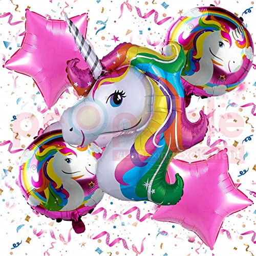 Image of Propsicle Pink Unicorn Birthday Foil Balloon Rainbow Color Pack of 5 Balloons Decoration Set for Baby Birthday | Theme Party Supplies Item