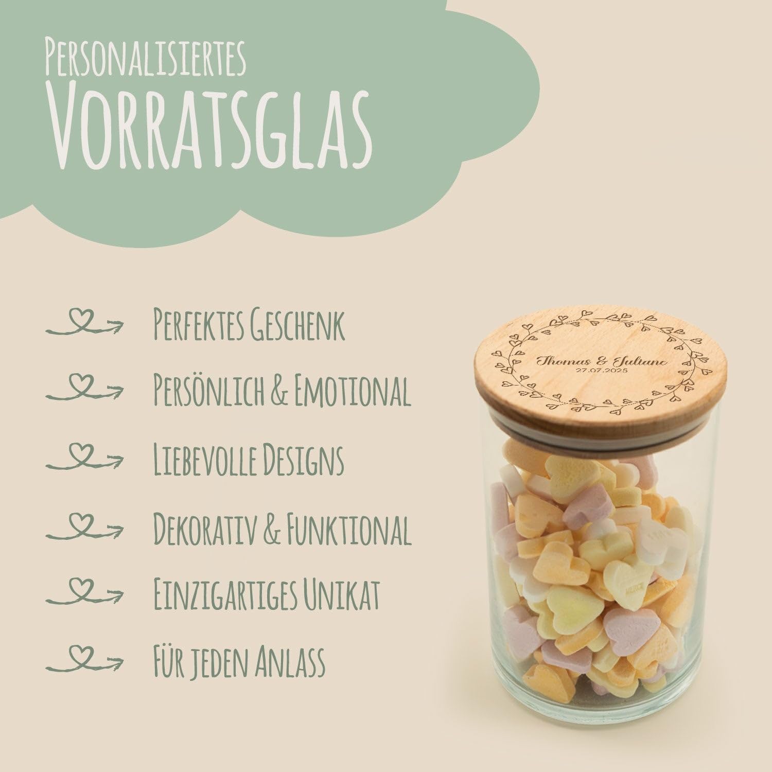 GRAVURZEILE Vorratsglas mit graviertem Holzdeckel - Kranz Herzen - Personalisiert mit Name & Datum - Keksdose Bonbonglas mit Deckel - Vorratsdose - Geschenk für Paare - 880 ml