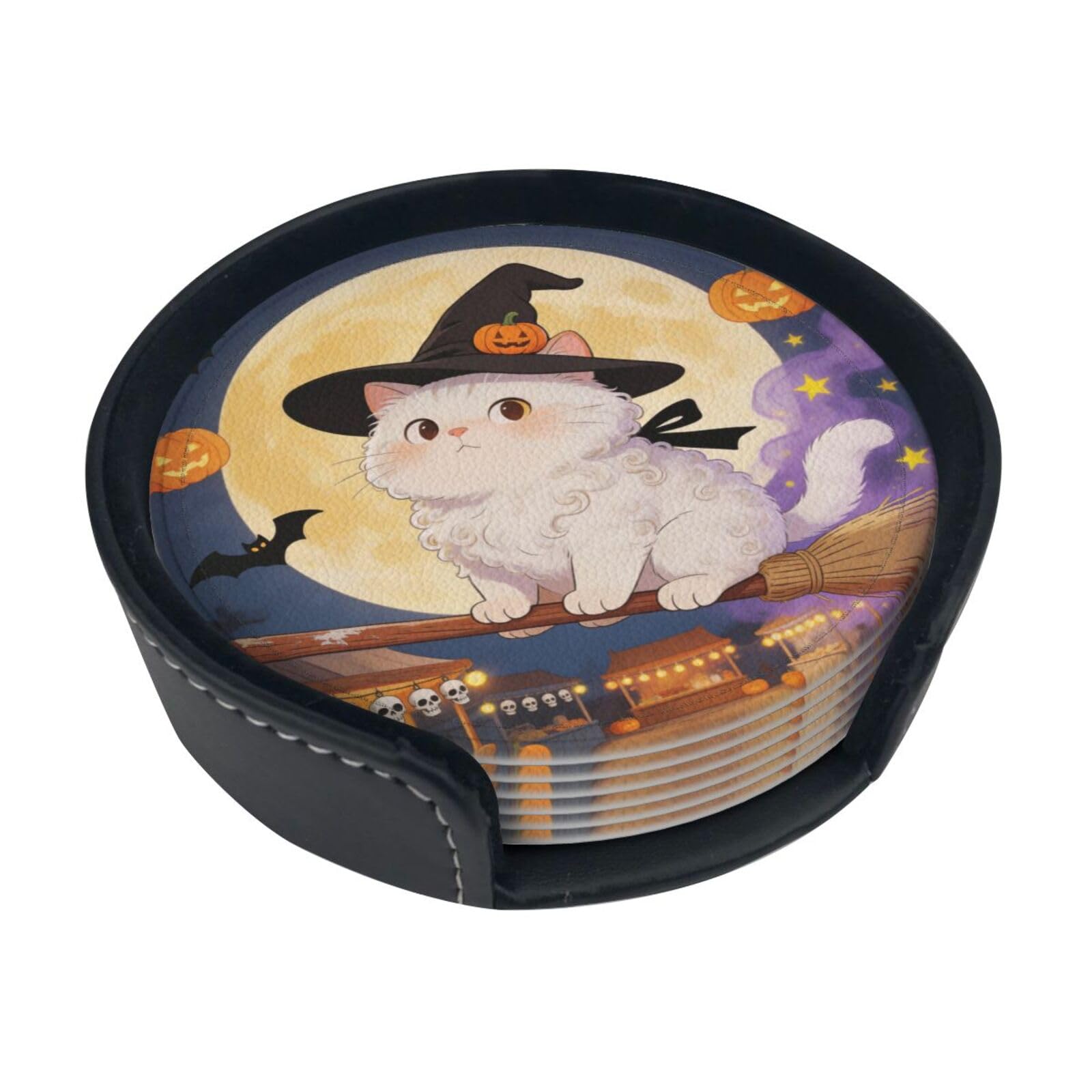 beautiful cat Leather Coasters-Set of 6 with Storage Holder