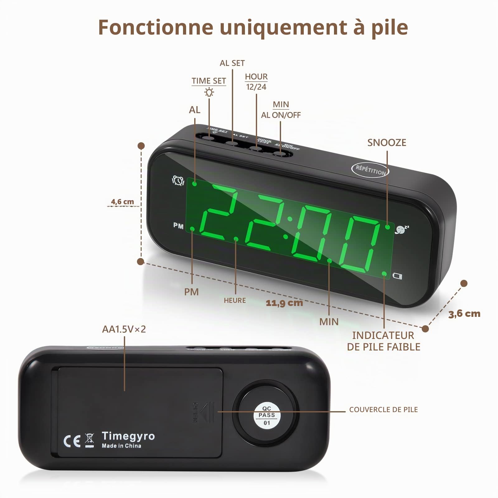 Petite Horloge numérique à Piles - Horloge de Bureau LED - Fonctionne avec Piles Uniquement - Réveil avec Snooze - Réglage Facile pour Chambre à Coucher, étagère, Voyage