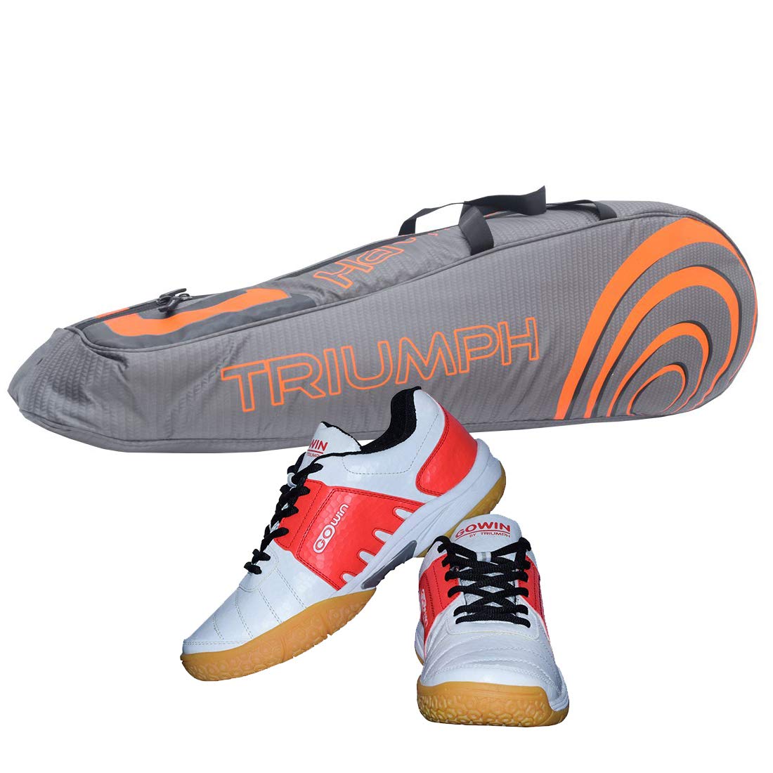 Gowin Badminton Shoe Power White/Red Size-5 with Triumph Badminton Bag 304 Grey/Orange-image-22