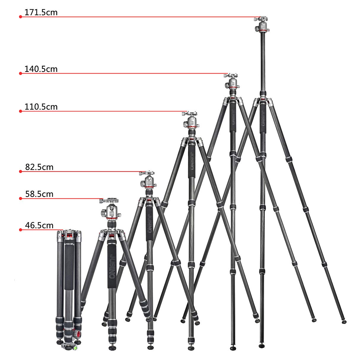 Węgiel statyw turystyczny JUSINO TK-284C z precyzyjną głowicą kulową frezowaną CNC, FGS-36, do 171,5 cm wysokości całkowitej, z odwracaną kolumną środkową, jedna noga statywu może być używana jako monopod, w zestawie torba