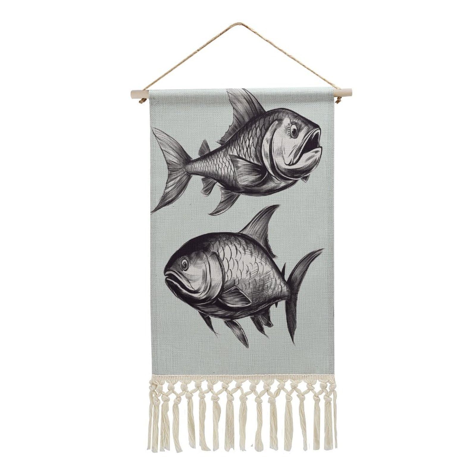 Adfgyerh Style Sketch Fish Tapestry With Tassels Cotton And Linen Hanging Posters, Wall Art For Travel Gift, Wall Tapestry For Office Home Decor Bedroom Living Room Decor