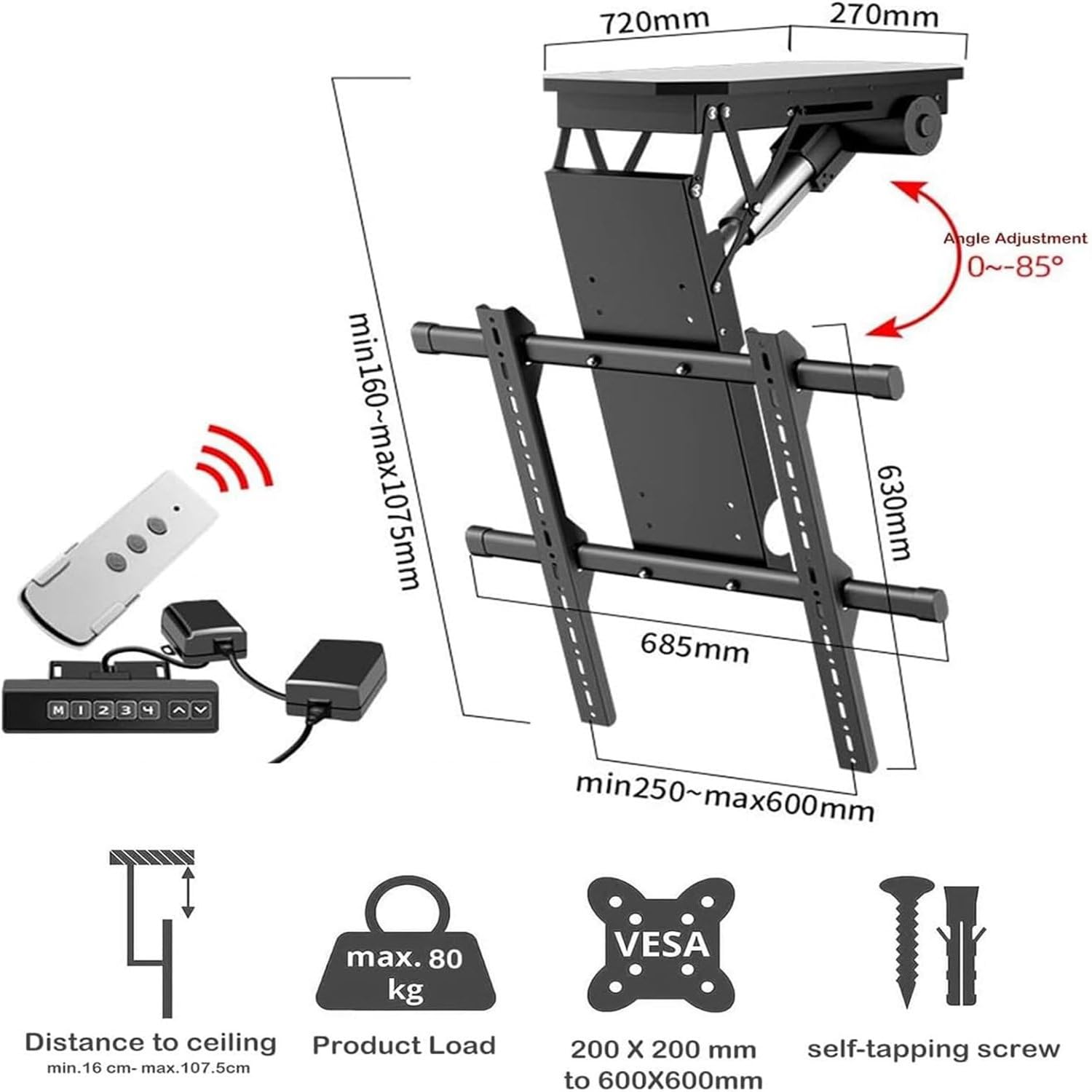 Soporte motorizado para TV, elevador eléctrico desplegable para televisores de 50 a 90 pulgadas, diseño telescópico con control remoto e interruptor, función abatible automática
