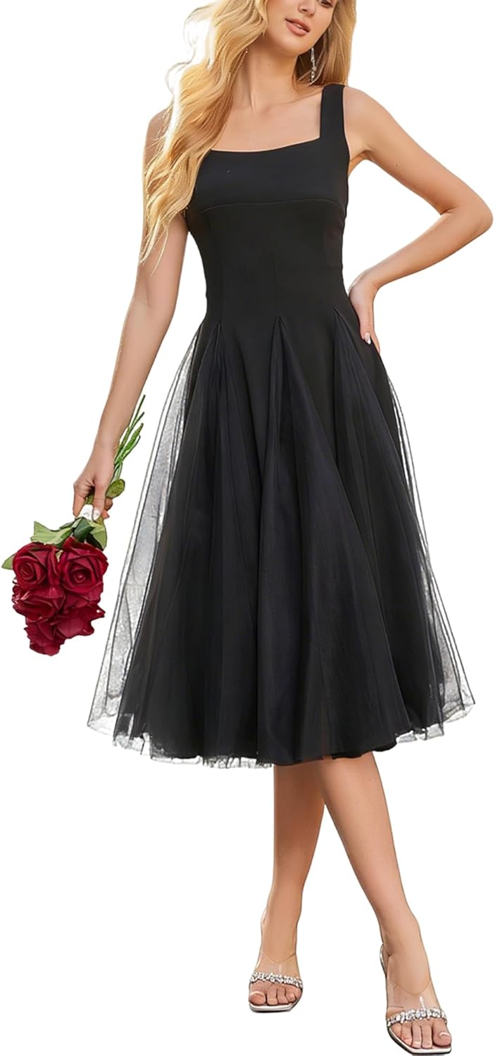 Women's Midi Tulle Summer Prom Dresses Smocked Mesh Puffy Formal Wedding Guest Bridesmaid Cocktail Party Gown