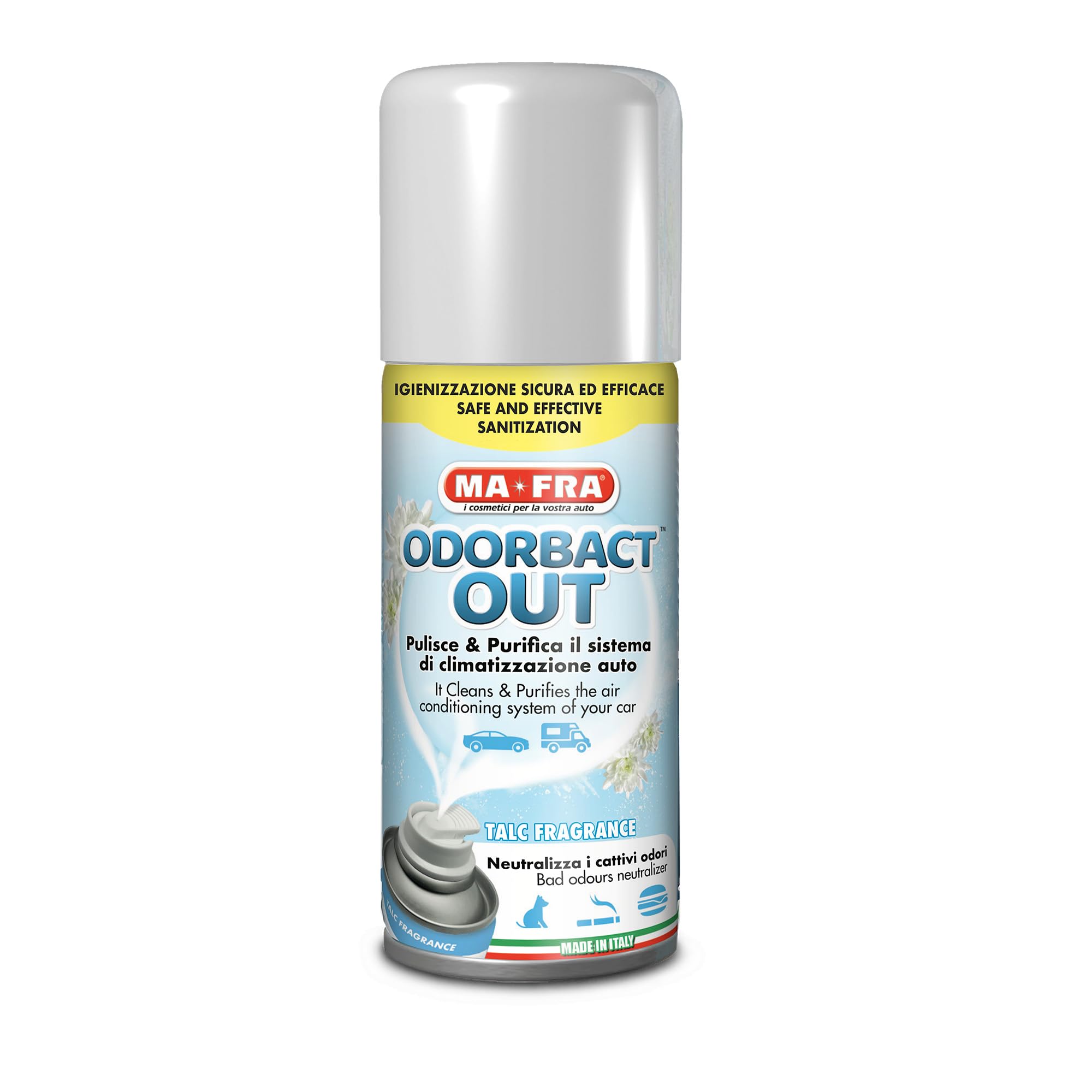 Ma-Fra Odorbact out Talc Fragrance, Spray Purificante per Climatizzatori Auto, Neutralizza i Cattivi Odori e Rilascia Una Piacevole Fragranza al Talco, Formato 150ml