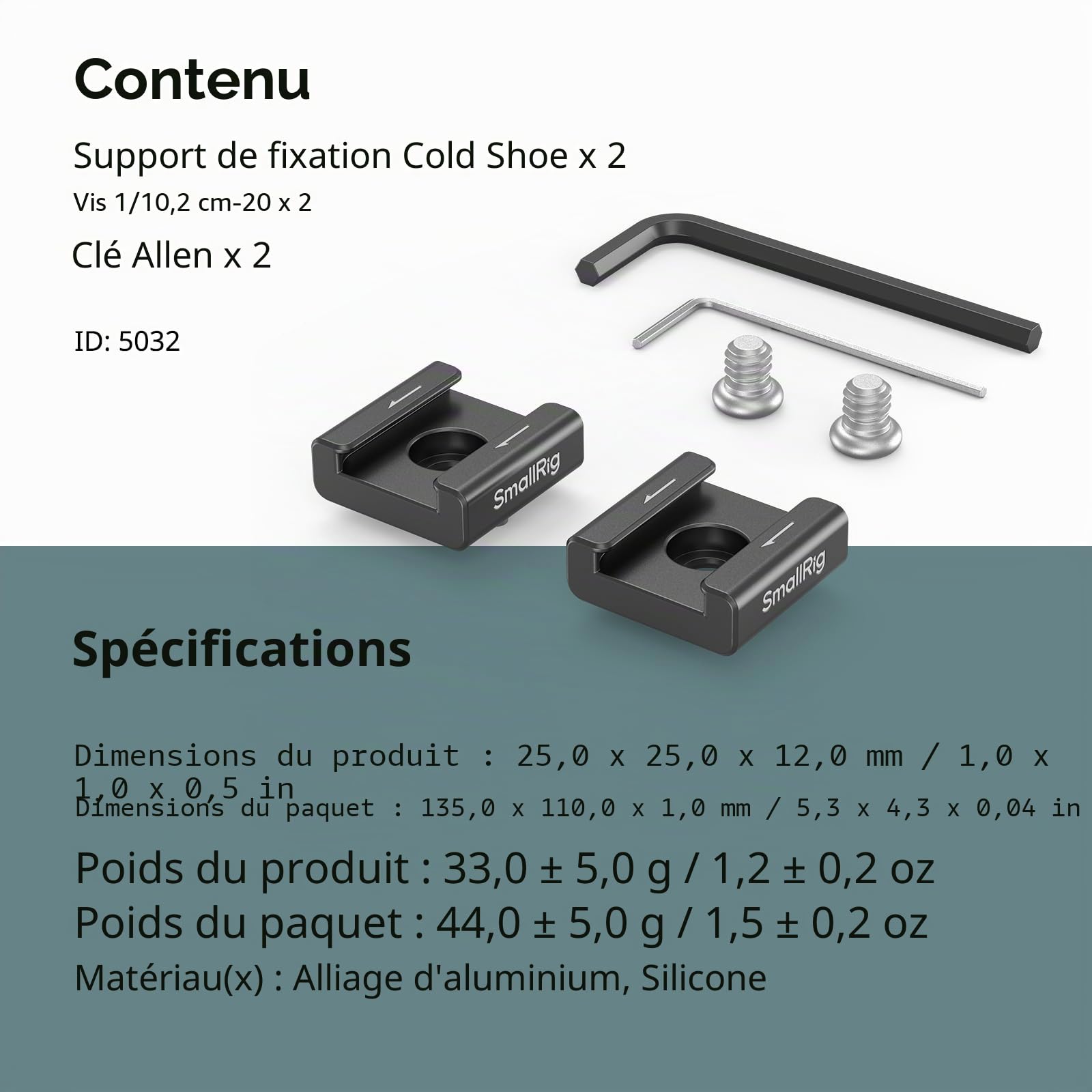 SMALLRIG Adaptateur de montage anti-torsion pour griffe froide (2 PCS) avec vis 1/4"-20,pour microphone de moniteur de lumière LED flash,avec broches anti-torsion,compatible avec la cage SmallRig-5032