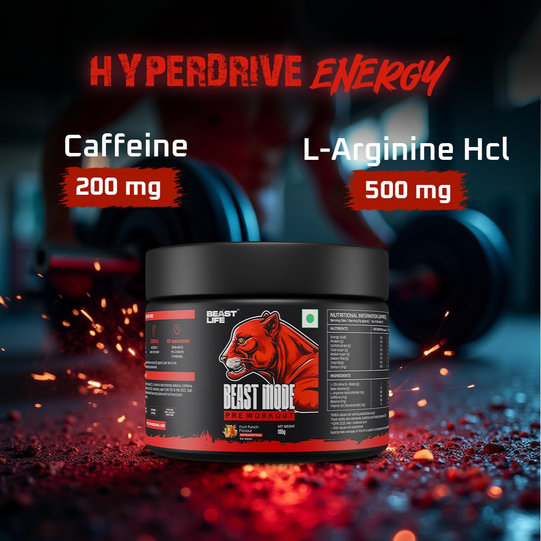 Beastlife Pre-Workout | 105 gm | Fruit Punch Flavor | Boosts Pump & Energy | Speeds Up Recovery | 2000 mg Citrulline | 2500 mg Beta-Alanine | 200 mg Caffeine | 500 mg Betaine 2
