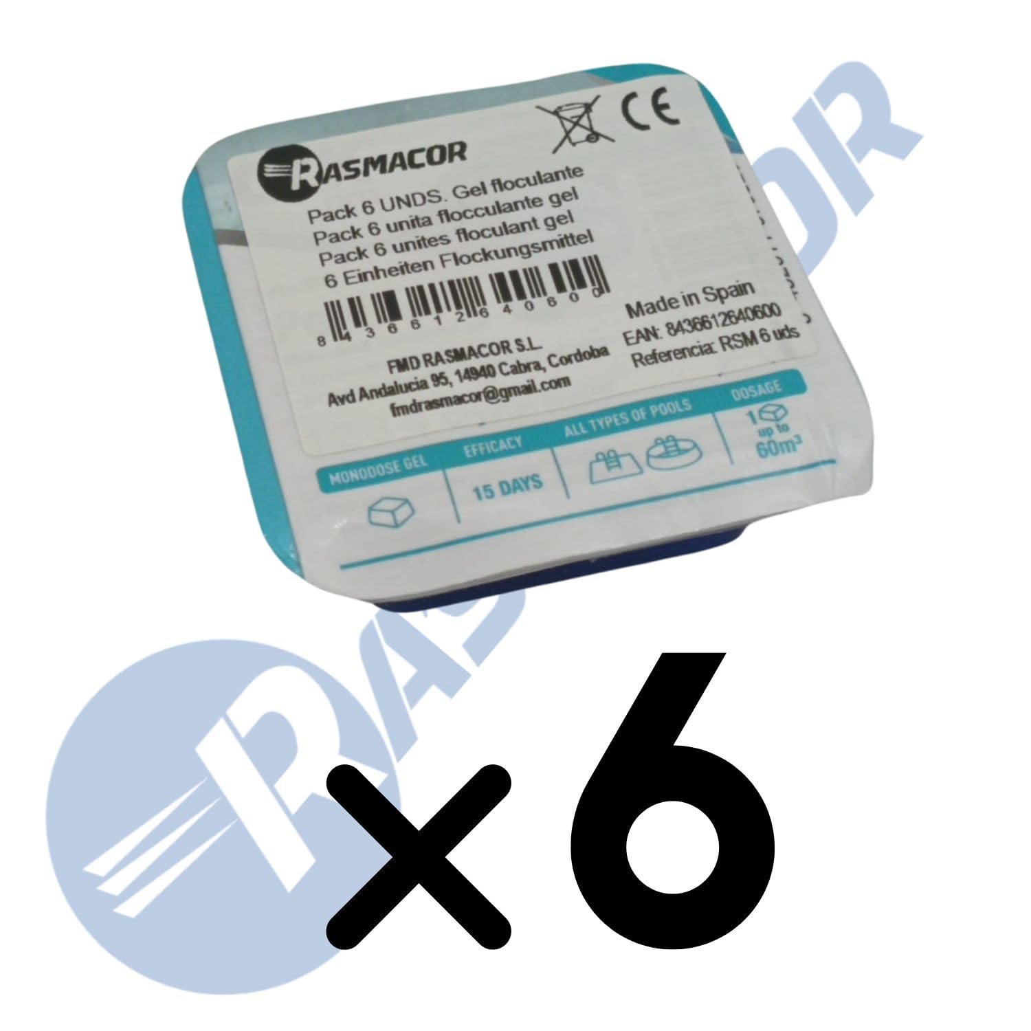 RASMACOR Pack de 6 Unités de Floculant en Gel Monodose | Gel pour Piscine | Nettoyant et clarificateur d'eau pour piscines | Transparence Totale de l'eau |
