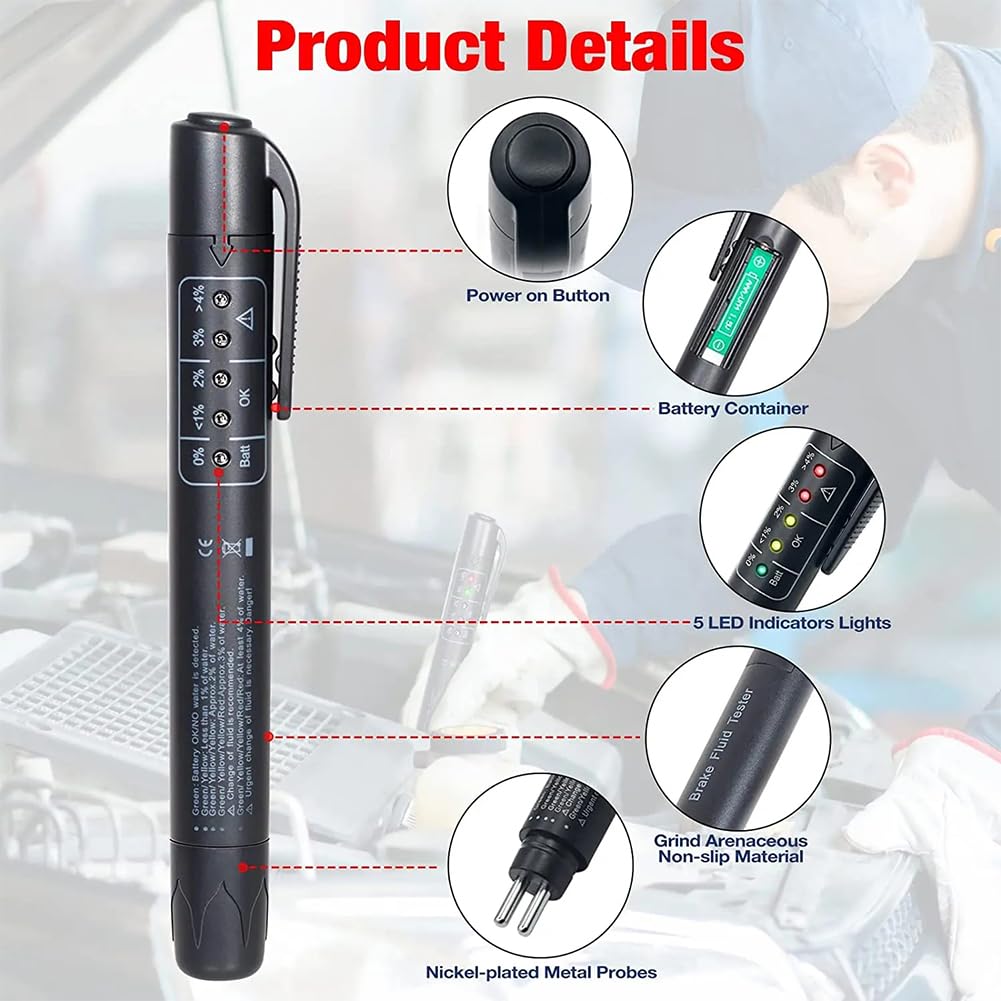 TMRBBesty Tester Liquido Freni,Tester Olio Freni,Penna Tester Liquido Freni,Tester del Liquido,con 5 LED Indicatore,Test Freni diagnostici Auto per DOT3 DOT4 DOT5,Escluse Le batterie