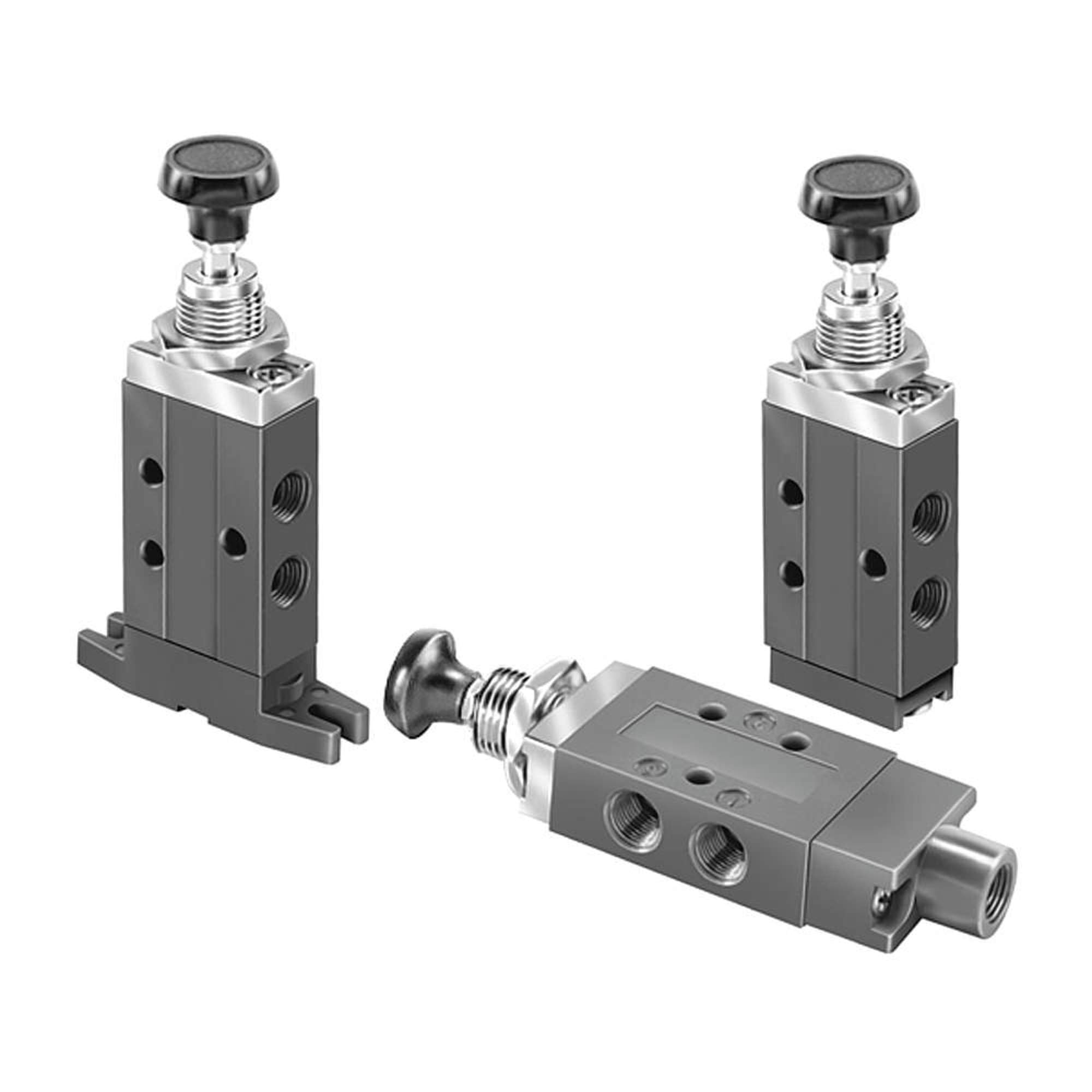 Parker Hannifin 410931000 Series DirectAir 2 Anodized Aluminum Inline Spool Valve, 2-Position 4-Way Valve Type, Button (Push-Pull Operated), Manual Return, Standard, 1/8