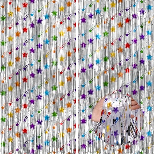 Image of KatchOn, Star Silver Foil Fringe Curtains - Pack of 2 | Silver Fringe Backdrop for Birthday, Pride Decorations, Graduation Decorations 2026 | Star Streamers for Rainbow, Space Party Decoration