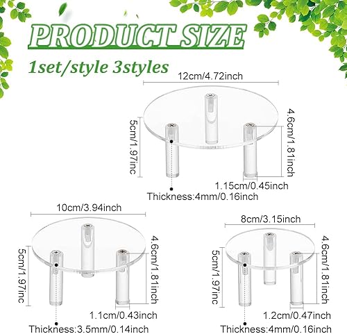 Miniatura 2 de FINGERINSPIRE Juego de 3 soportes de exhibición redondos de acrílico de 4.73.93.1 pulgadas, 3 patas, plataforma de exhibición de acrílico para