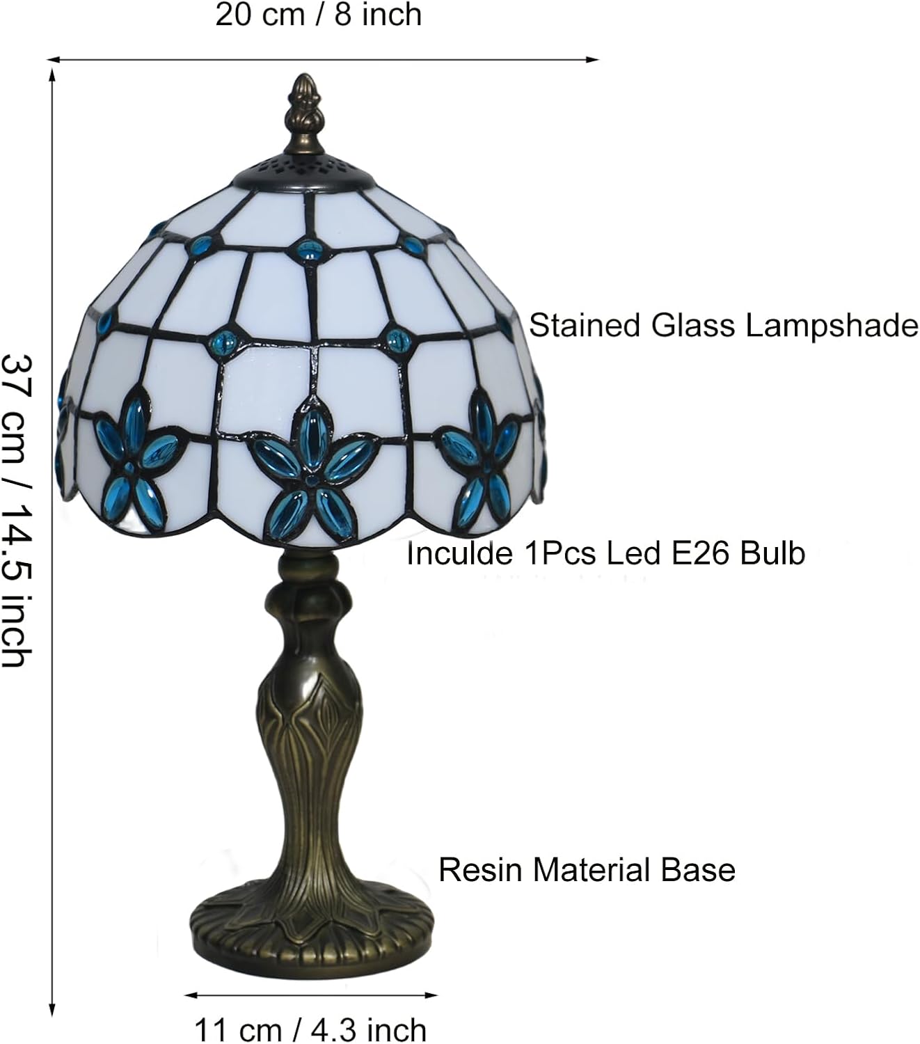 Tiffany Style Table Lamp, 8 Inch Stained Glass Lamp, Small Antique Table Lamp, Bedside Nightstand Lamp for Bedroom,Living Room Home Office, Blue Flower Pattern, Include LED Bulb