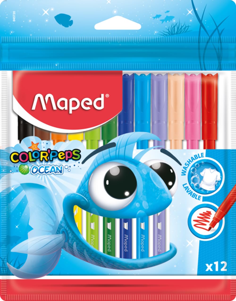 Maped Color'Peps Ocean Felt Tip Medium Pens With Washable Ink|Pack Of 12|Easily Washable On Textiles & Skin|Colouring Pen For Kids|Drawing Sketch Pen|Bright Colours|Child-Safe Cap Design|Felt Pens