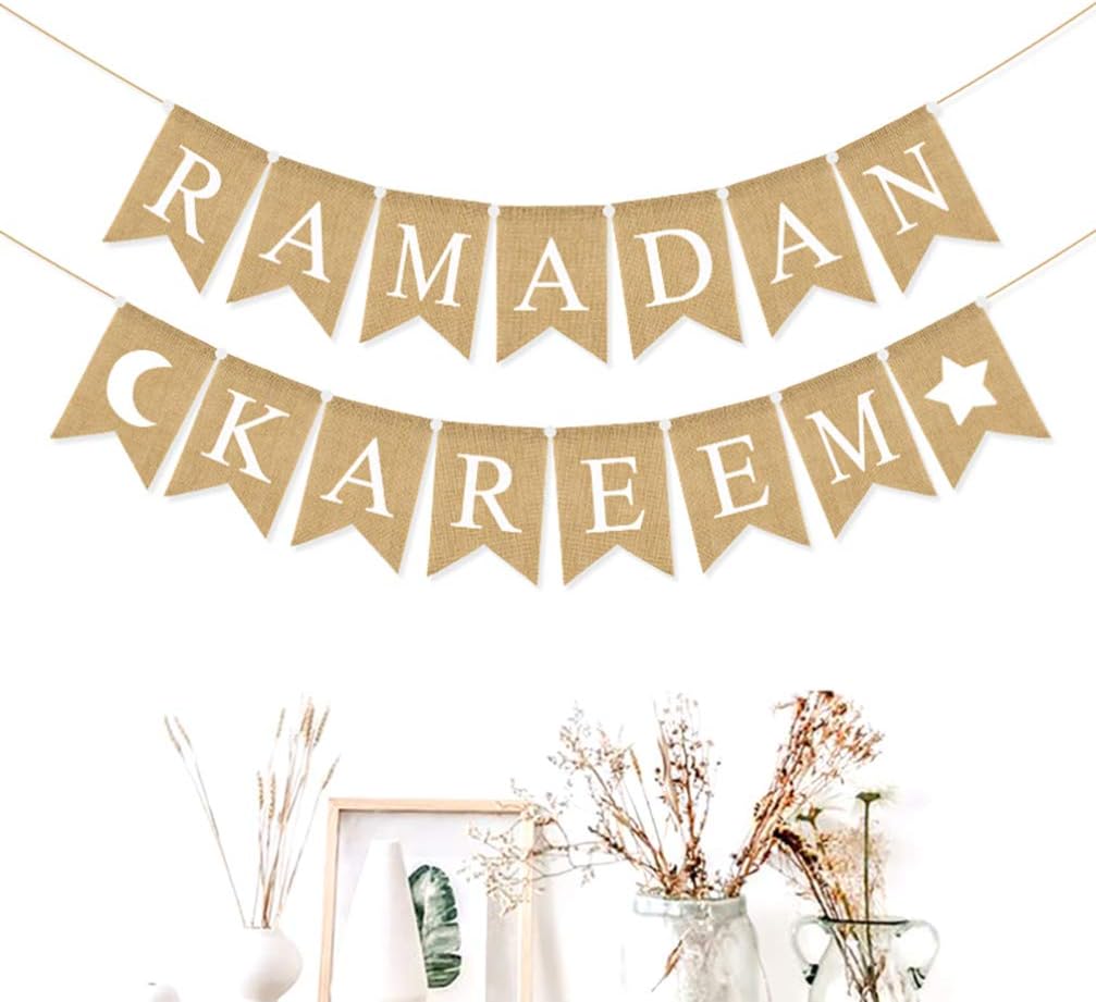 PRETYZOOM Ramadan Kareem Bunting Banner Eid Burlap Banner Garland Flag Eid Mubarak Ramadan Party Supplies Muslim Islam Hajj Party Home Mantel Fireplace Decoration - Image 5