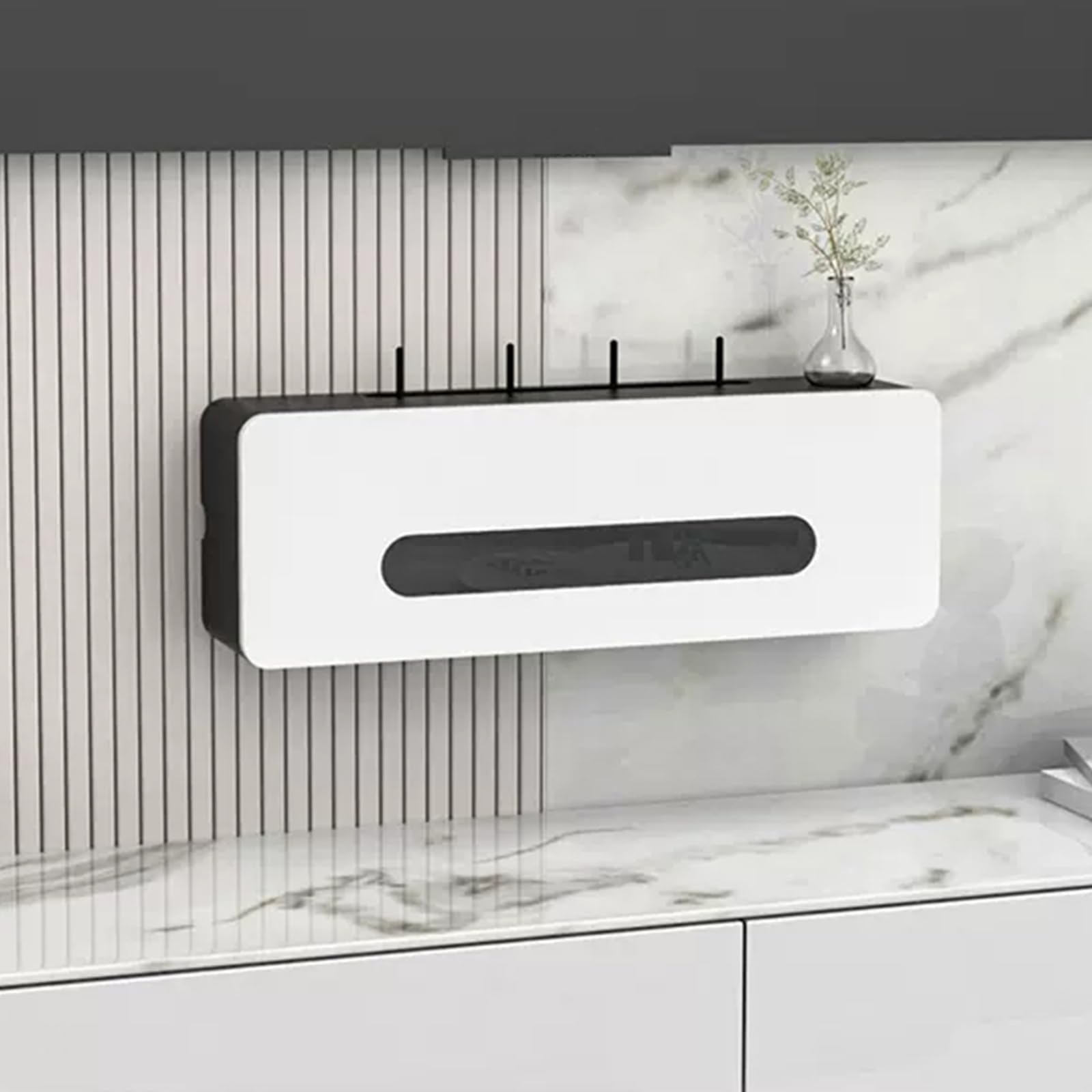 Étagère murale en bois pour routeur – Boîte de rangement pour routeur WiFi avec multiprise et gestion des câbles, aucun assemblage nécessaire, noir et blanc, 70 cm – Gain de place