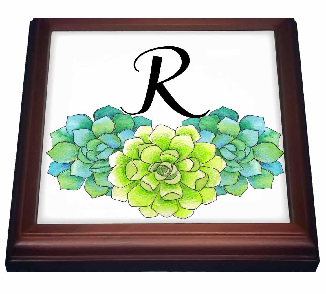 3dRose Pretty Watercolor Green Succulent Flowers Monogram R Trivet With Tile, 8